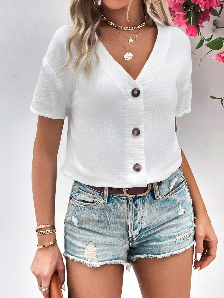 SHEIN LUNE Áo sơ mi nữ Nút phía trước màu trơn Giải trí - trắng - Xem 1