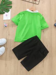 Young Boys' Embroidered Letter Polo Shirt With Contrasting Collar And Shorts Casual Outfits - Multicolor - View 2