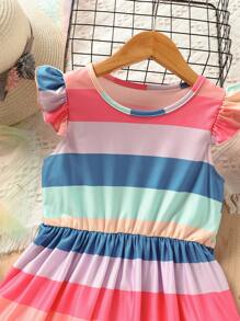 SHEIN Young Girl Rainbow Striped Ruffle Trim Dress
