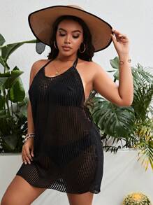 SHEIN Swim Curve 大碼鏤空後背繫帶繞頸罩衫洋裝不附比基尼 - 黑色 - 查看 4