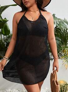 SHEIN Swim Curve 大碼鏤空後背繫帶繞頸罩衫洋裝不附比基尼 - 黑色 - 查看 5
