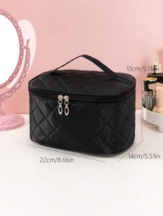 Quilted Pattern Makeup Bag Solid Black Minimalist Portable Large-Capacity Cosmetic Bag, Simple Toiletry Wash Bag For Travel Makeup Bags Makeup Organizer Make Up Organizer Makeup Storage