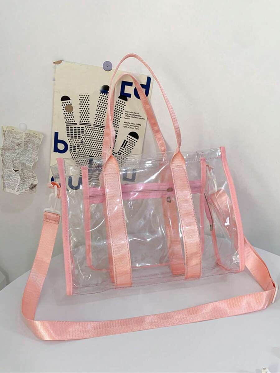 Small Shoulder Tote Bag Clear Waterproof Zipper Adjustable-Strap & Waterproof - Pink - View 1