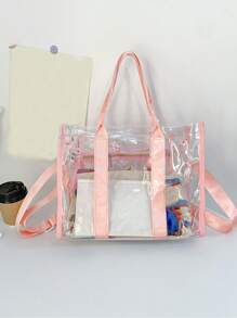 Small Shoulder Tote Bag Clear Waterproof Zipper Adjustable-Strap & Waterproof - Pink - View 2