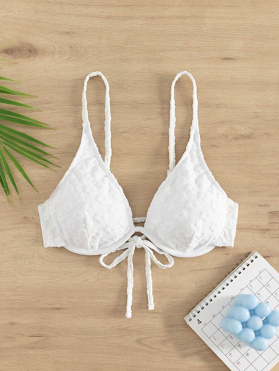 SHEIN Swim 花卉圖案後綁帶鋼圈比基尼泳裝上衣 - 白色 - 查看 1