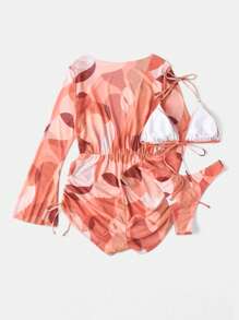 SHEIN Swim Summer Beach Allover Print Halter Triangle Bikini Set With Cover Up