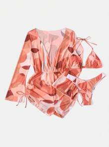 SHEIN Swim Summer Beach Allover Print Halter Triangle Bikini Set With Cover Up