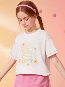 女孩花和標語圖案頂針落肩T恤 - 米色 - 查看 1