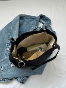 Solid Shopper Bag Zipper Double Handle - Black - View 5