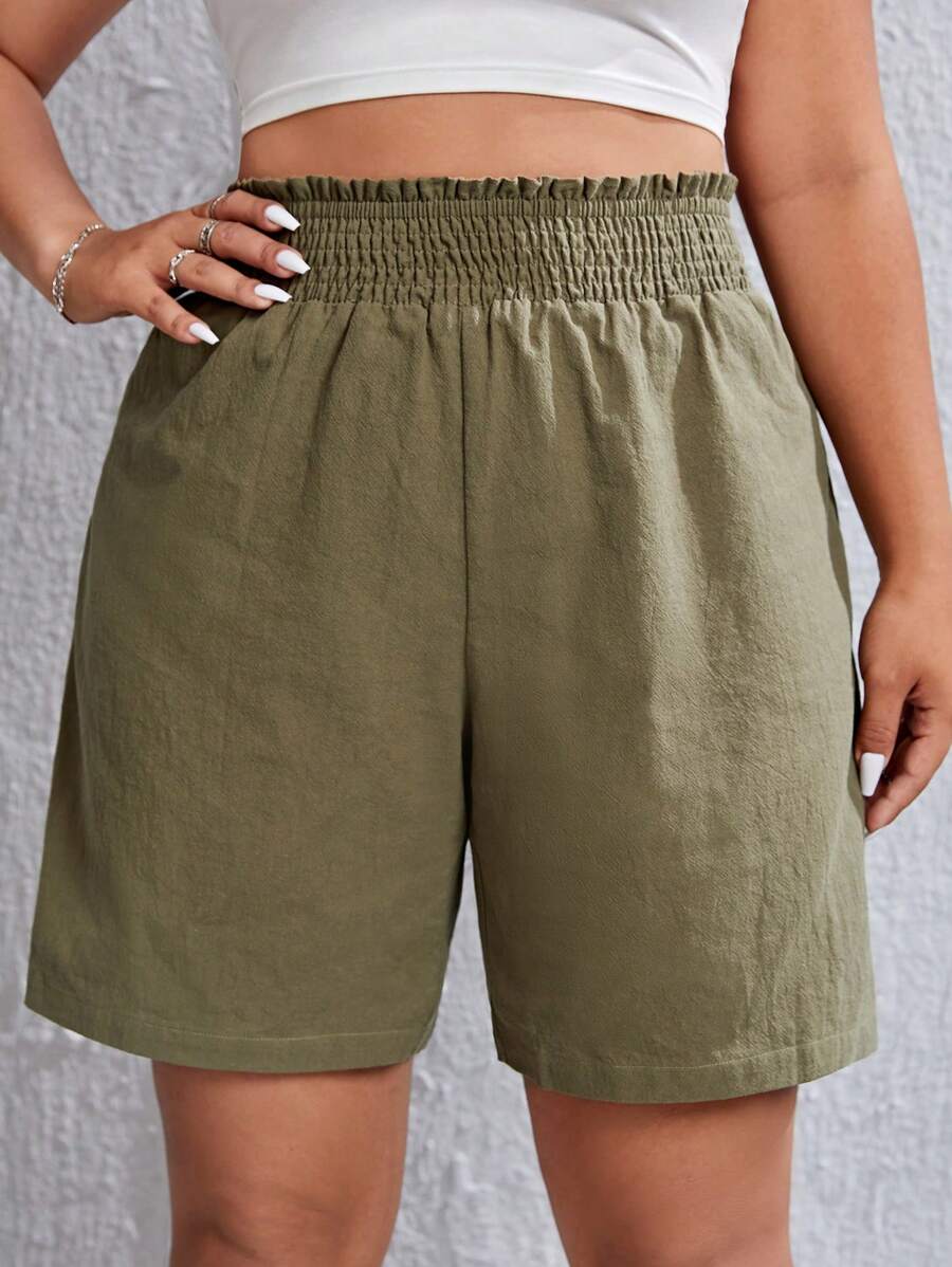 SHEIN EZwear Plus Paperbag Waist Wide Leg Shorts - Army Green - View 1