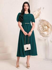 Mulvari Đầm Dải chun màu trơn Thanh lịch - Màu xanh lá cây đậm - Xem 3