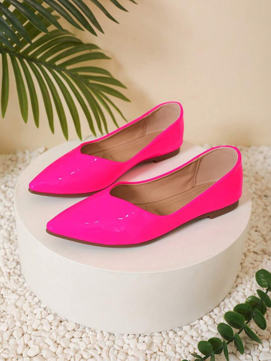 Funky Hot Pink Flats For Women, Neon Pink Point Toe Ballet Flats ...