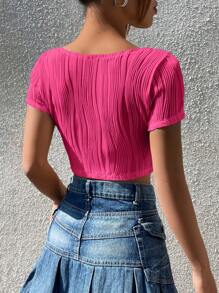 SHEIN EZwear Áo thun nữ Bất đối xứng Gân đan màu trơn Giải trí - Màu Hồng Tươi - Xem 2