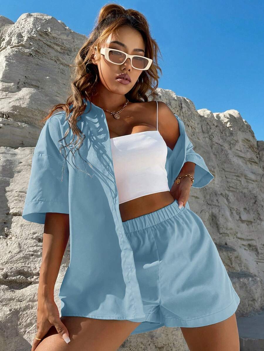 SHEIN Unity 素色前紐扣落肩袖襯衫和短褲 - 淺藍色 - 查看 1