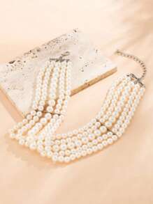 1條多層白色仿珍珠項鍊,適合女性穿著參加節日晚宴 - 白色 - 查看 2