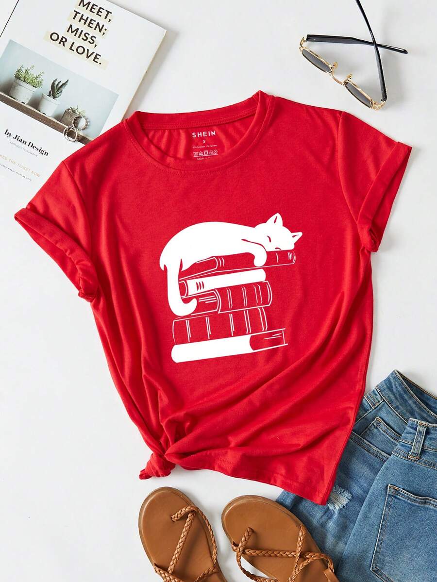 SHEIN Essnce Áo thun nữ Hoạt hình Giải trí - Đỏ - Xem 1