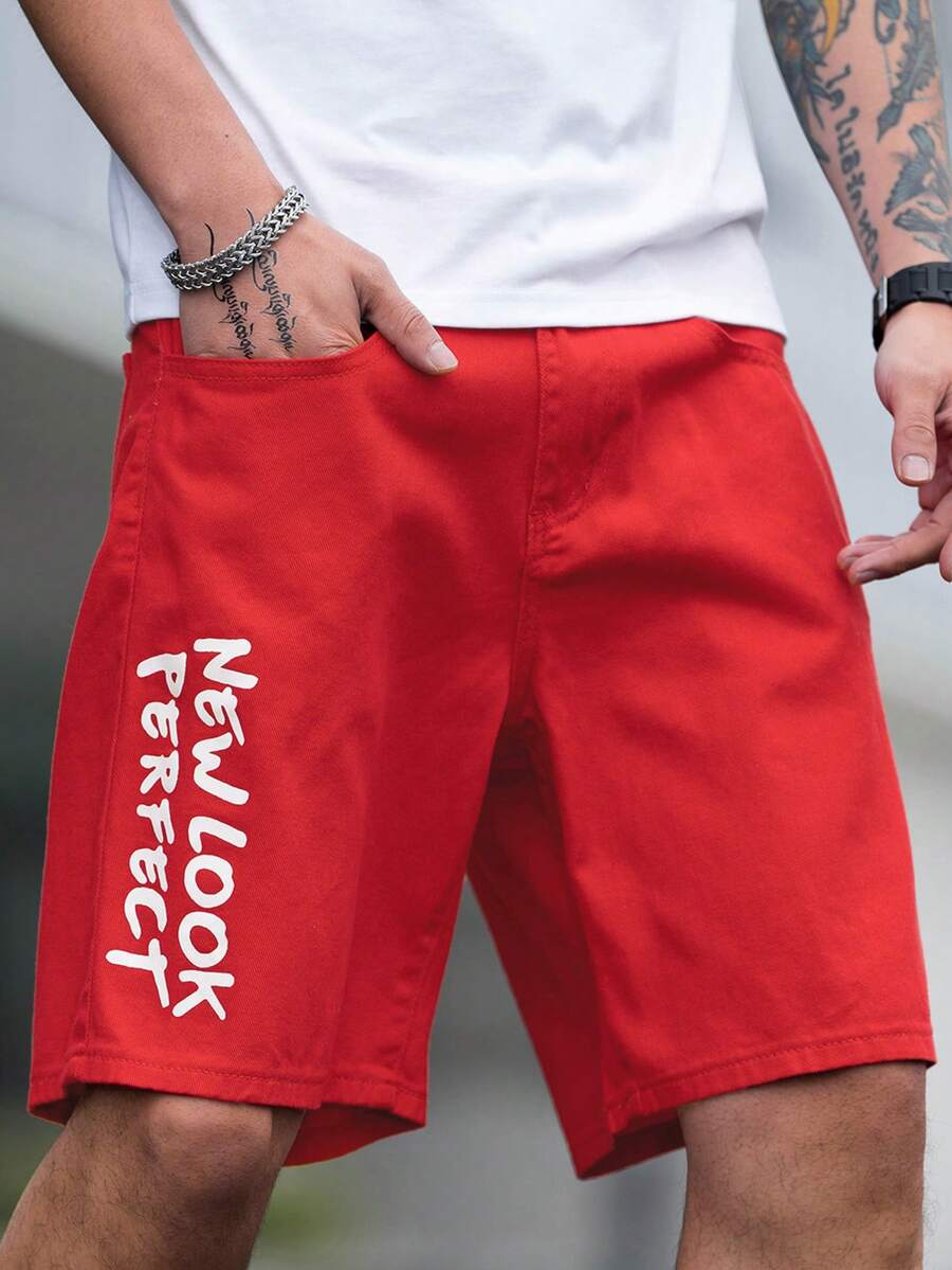 Manfinity Men Letter Graphic Denim Shorts - Red - View 1