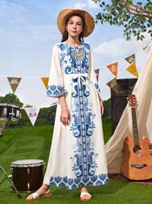 SHEIN Đầm Gái Thắt lưng Nút Bộ lạc Boho - Xanh và trắng - Xem 6