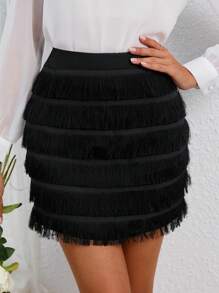 SHEIN Essnce Fringe Trim Solid Skirt - Black - View 1
