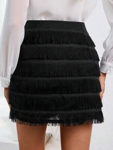 SHEIN Essnce Fringe Trim Solid Skirt - Black - View 2