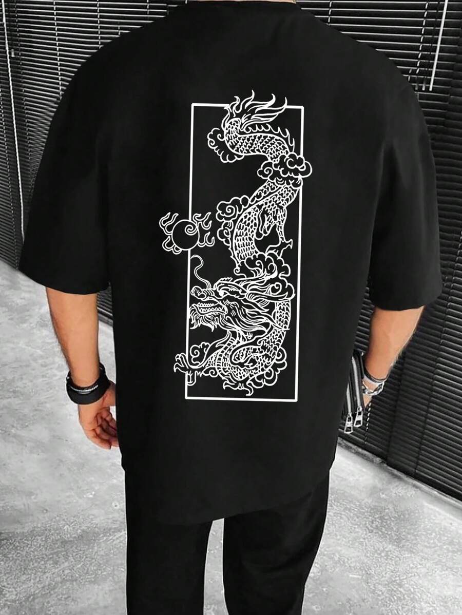 Manfinity LEGND Men Dragon Print Drop Shoulder Oversize Tee - Black - View 1