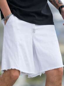 Manfinity Hypemode Loose Fit Men's Raw Hem Denim Bermuda Shorts - White - View 1