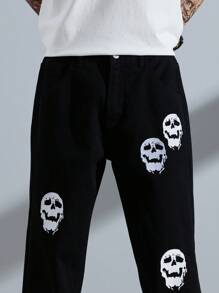 Manfinity EMRG Loose Fit Men's Skull Printed Straight Leg Jeans - Black - View 6