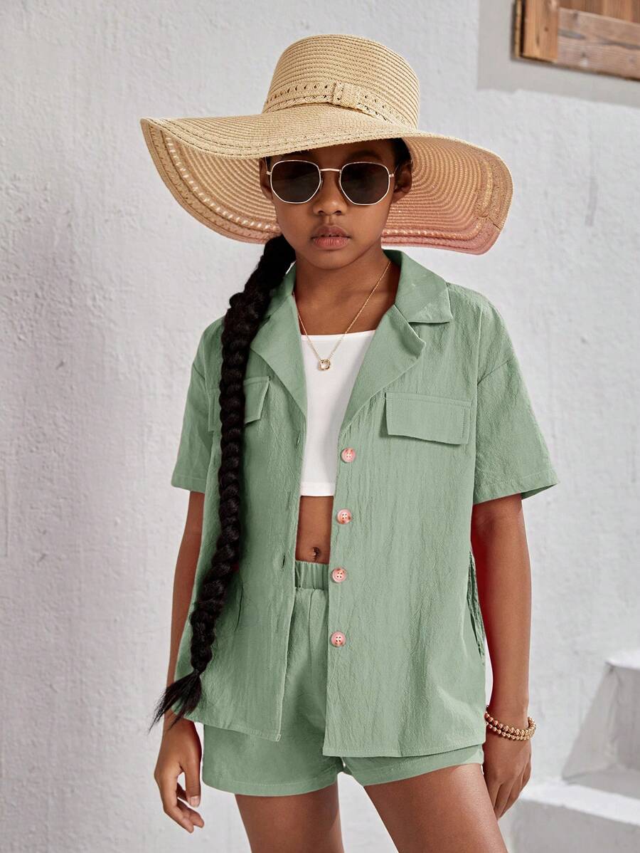 SHEIN Leap Crew Áo trễ vai cổ ve áo cho bé gái & quần soóc với cami - Màu xanh Bạc hà - Xem 1