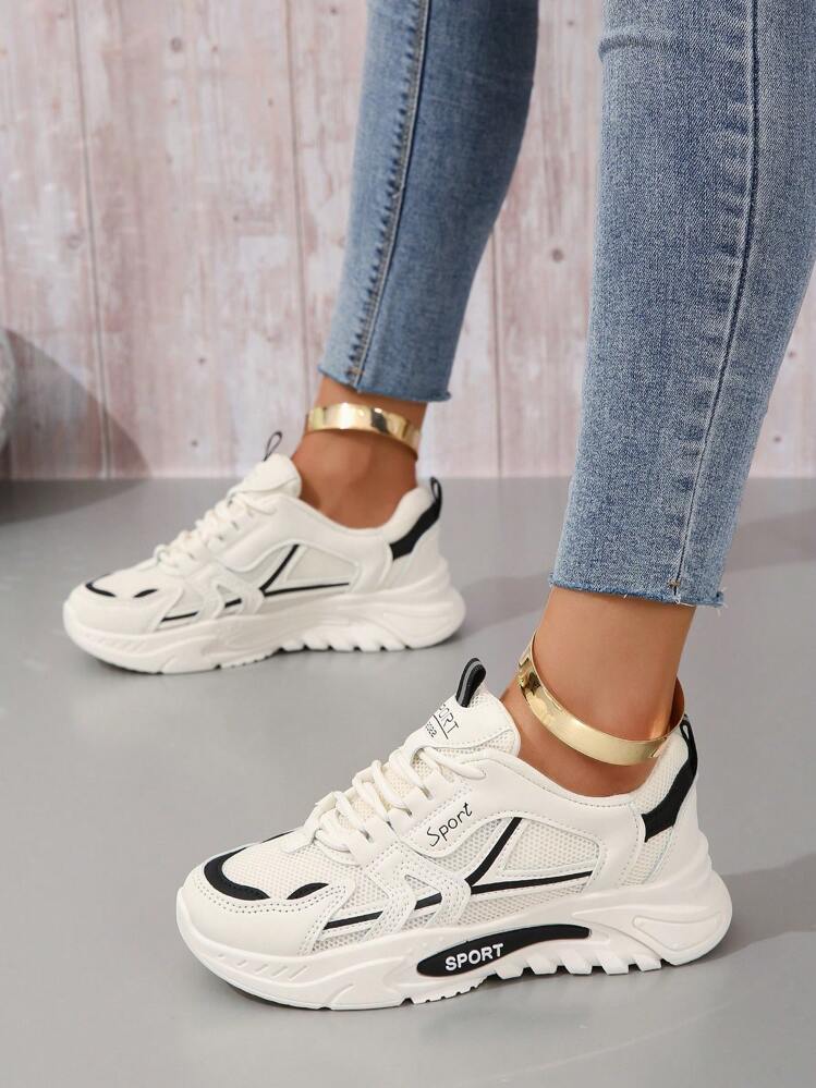 Mujer Zapatillas deportivas con estampado de letra con cordón delantero grueso deportivo - Blanco y Negro - Ver 2
