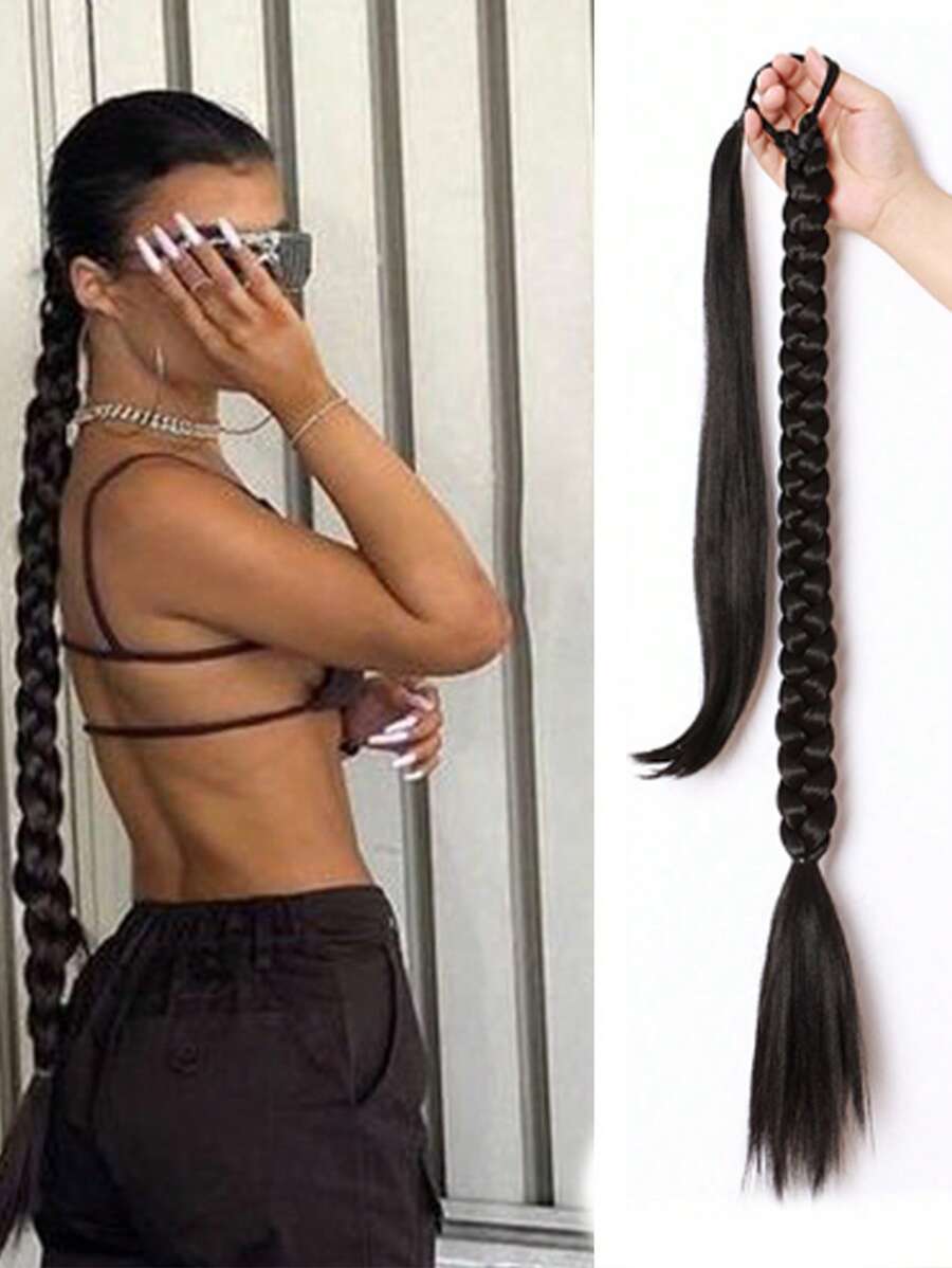Extra Long Braided Ponytail Synthetic Hair Extension - Black - View 1