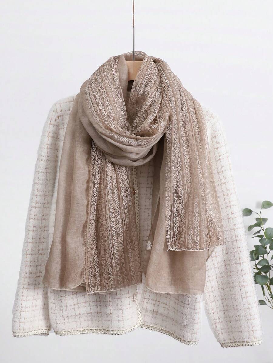 1入組女性花卉刺繡時尚圍巾日常裝飾 - 咖啡棕 - 查看 1