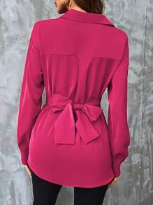 SHEIN Clasi Áo sơ mi nữ Buộc lại Trọn gói màu trơn Thanh lịch - Màu Hồng Tươi - Xem 2