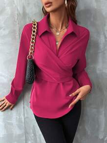 SHEIN Clasi Áo sơ mi nữ Buộc lại Trọn gói màu trơn Thanh lịch - Màu Hồng Tươi - Xem 6
