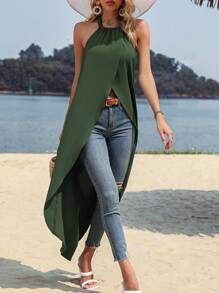 SHEIN VCAY Áo khoác và áo lót dành cho xe tăng nữ Lộ Lưng Cao thấp Buộc lại Trọn gói màu trơn Giải trí - xanh quân đội - Xem 1