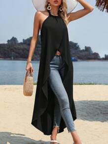 SHEIN LUNE 素色不對稱下擺掛脖上衣