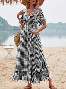 Breezaya Vestido con estampado de guingán de manga con volante bajo con fruncido - Blanco y Negro - Ver 3