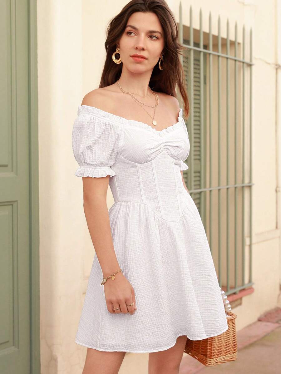SHEIN Frenchy Đầm viền lá sen Xù Dây kéo Chi tiết cốc màu trơn Giải trí - trắng - Xem 1