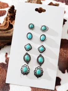 5pairs/set Turquoise Decor Stud Earrings - Antique Silver - View 1