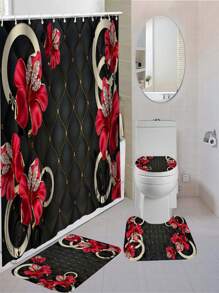 4pcs/Set Geometric & Flower Print Shower Curtain & Bath Mat, Modern Polyester Waterproof Shower Curtain & Bath Rug For Bathroom Home Bathroom Decor Summer Bathroom Accessories Back To School