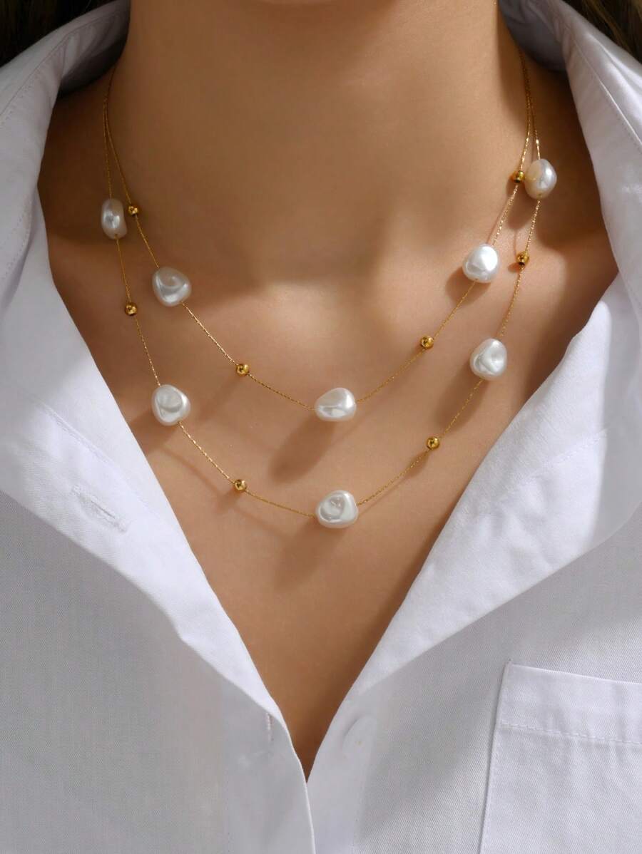 1pc Stainless Steel Double Layer Pearl Patchwork Necklace, Suitable For Women Daily Outfit & Gift