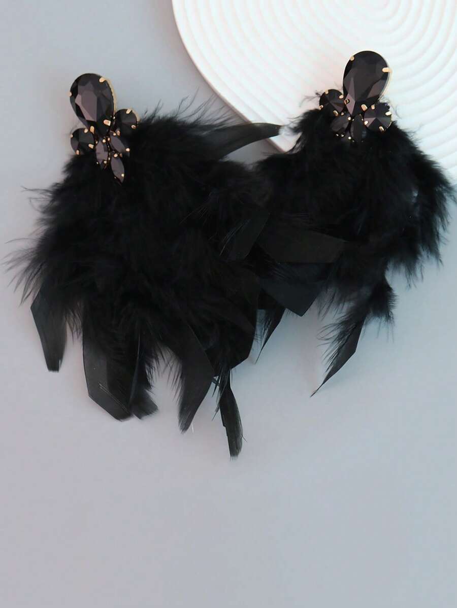 1 Pair Exaggerated Alloy Rhinestone Floral Long Tassel Earrings Carnival Statement Jewelry - Black - View 1