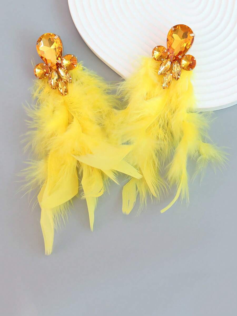 1 par de pendientes largos de borla con flores de aleación y strass exagerados, joyería de declaración para carnaval - Amarillo - Ver 1