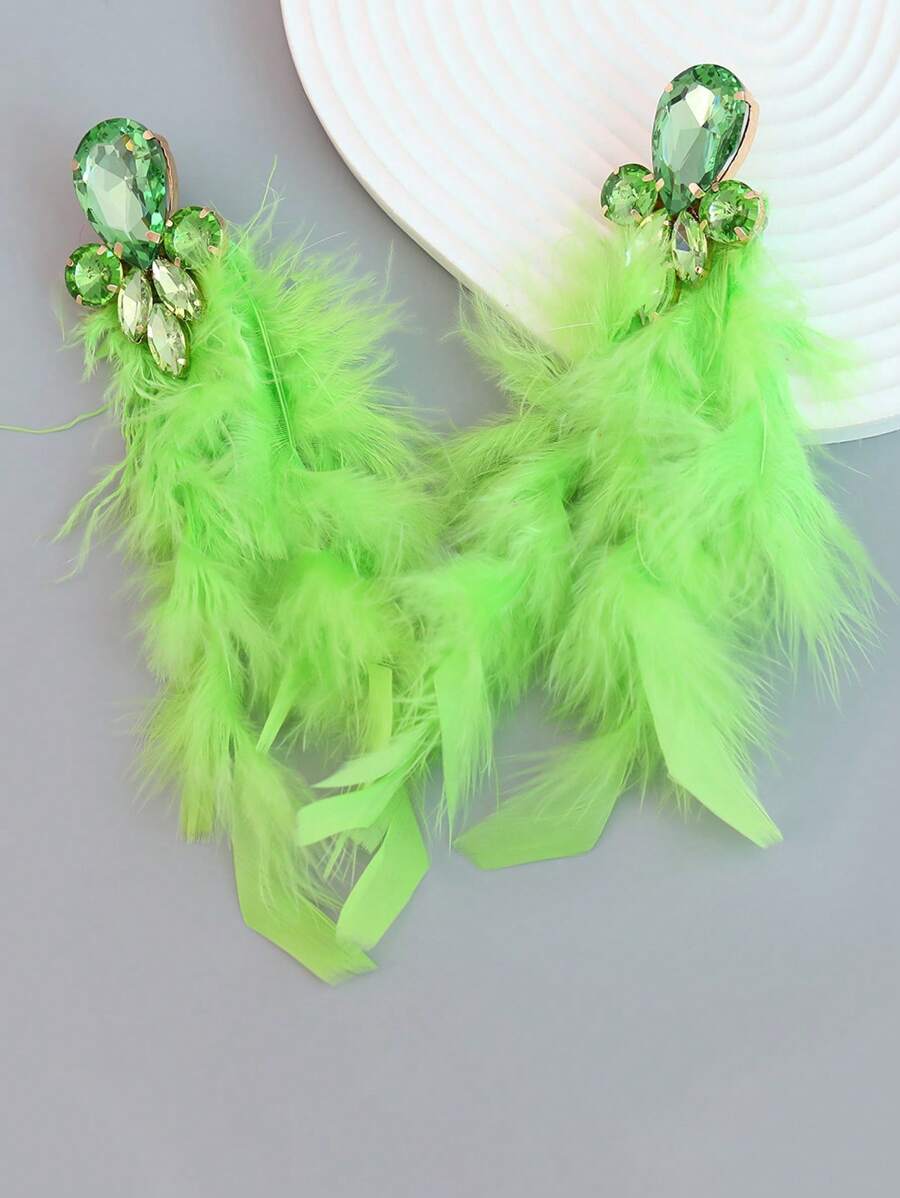 juran 1 Cặp bông tai tua rua dài đính đá Rhinestone hình hoa phóng đại, trang sức Carnival - màu xanh lá - Xem 1