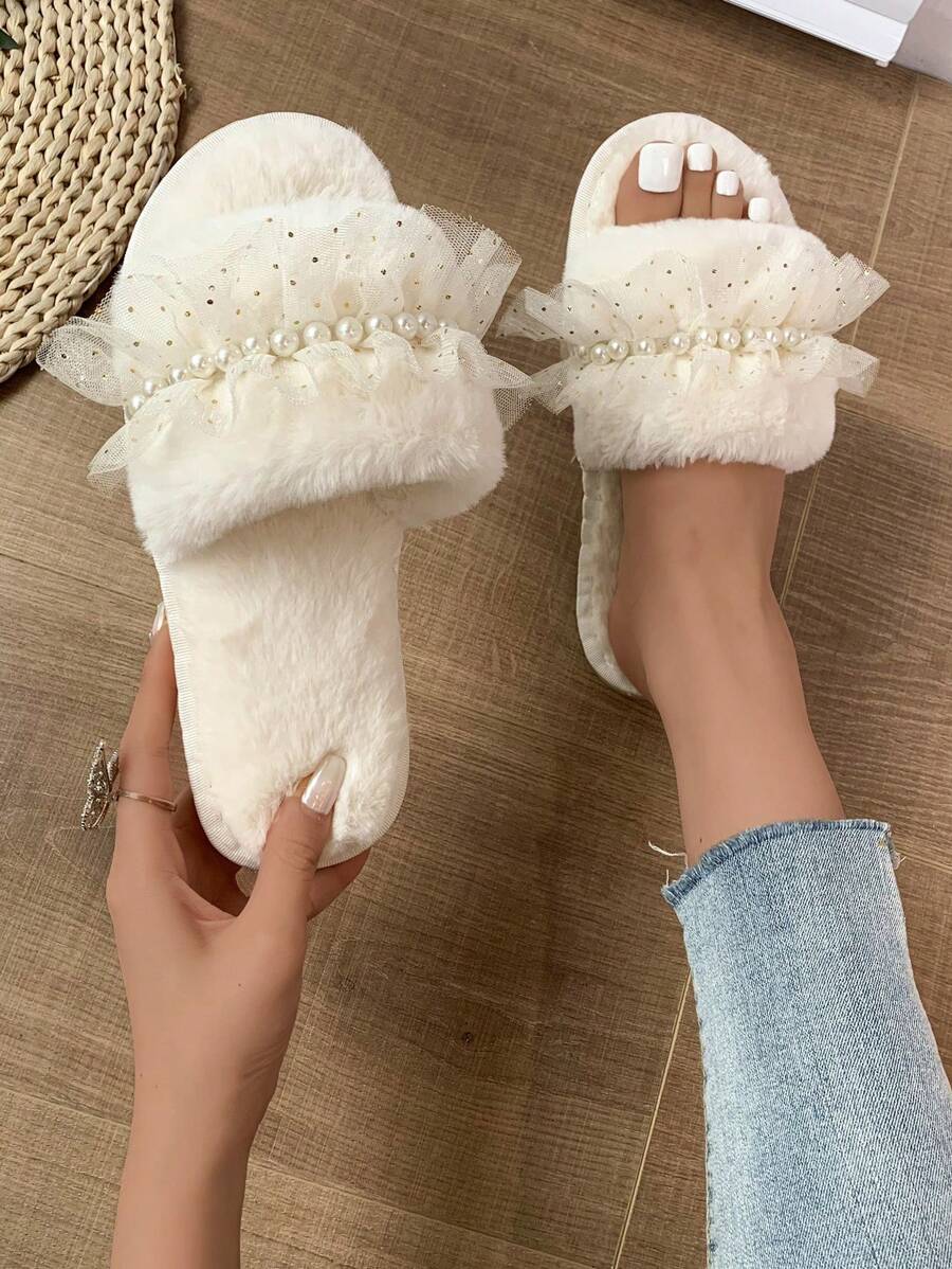 Fall/Winter Lace Fashion Fabric Pearl Decor Slip-On Women Indoor Slippers, Spring/Autumn New,Fluffy Slippers - Beige - View 1