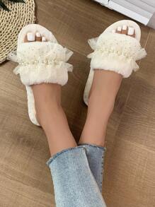 Fall/Winter Lace Fashion Fabric Pearl Decor Slip-On Women Indoor Slippers, Spring/Autumn New,Fluffy Slippers - Beige - View 2