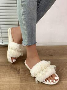 Fall/Winter Lace Fashion Fabric Pearl Decor Slip-On Women Indoor Slippers, Spring/Autumn New,Fluffy Slippers - Beige - View 5