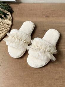 Fall/Winter Lace Fashion Fabric Pearl Decor Slip-On Women Indoor Slippers, Spring/Autumn New,Fluffy Slippers - Beige - View 7