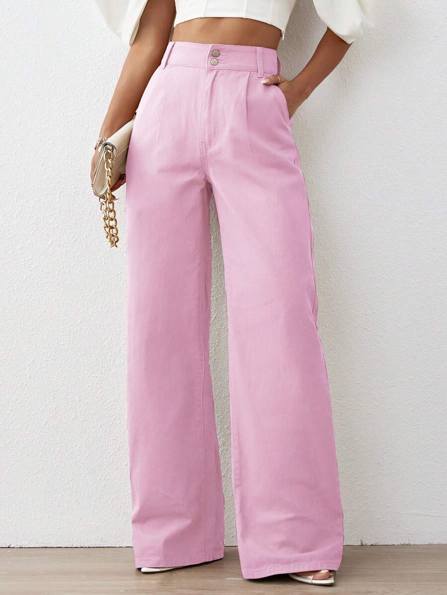 SHEIN Privé Solid High Waist Wide Leg Jeans - Pink - View 1