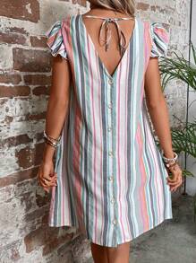 SHEIN VCAY Striped Tie Back Butterfly Sleeve Dress - Multicolor - View 2