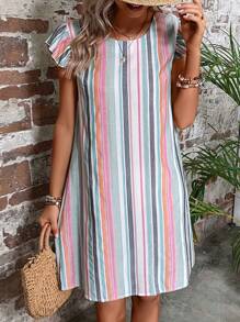 SHEIN VCAY Striped Tie Back Butterfly Sleeve Dress - Multicolor - View 4